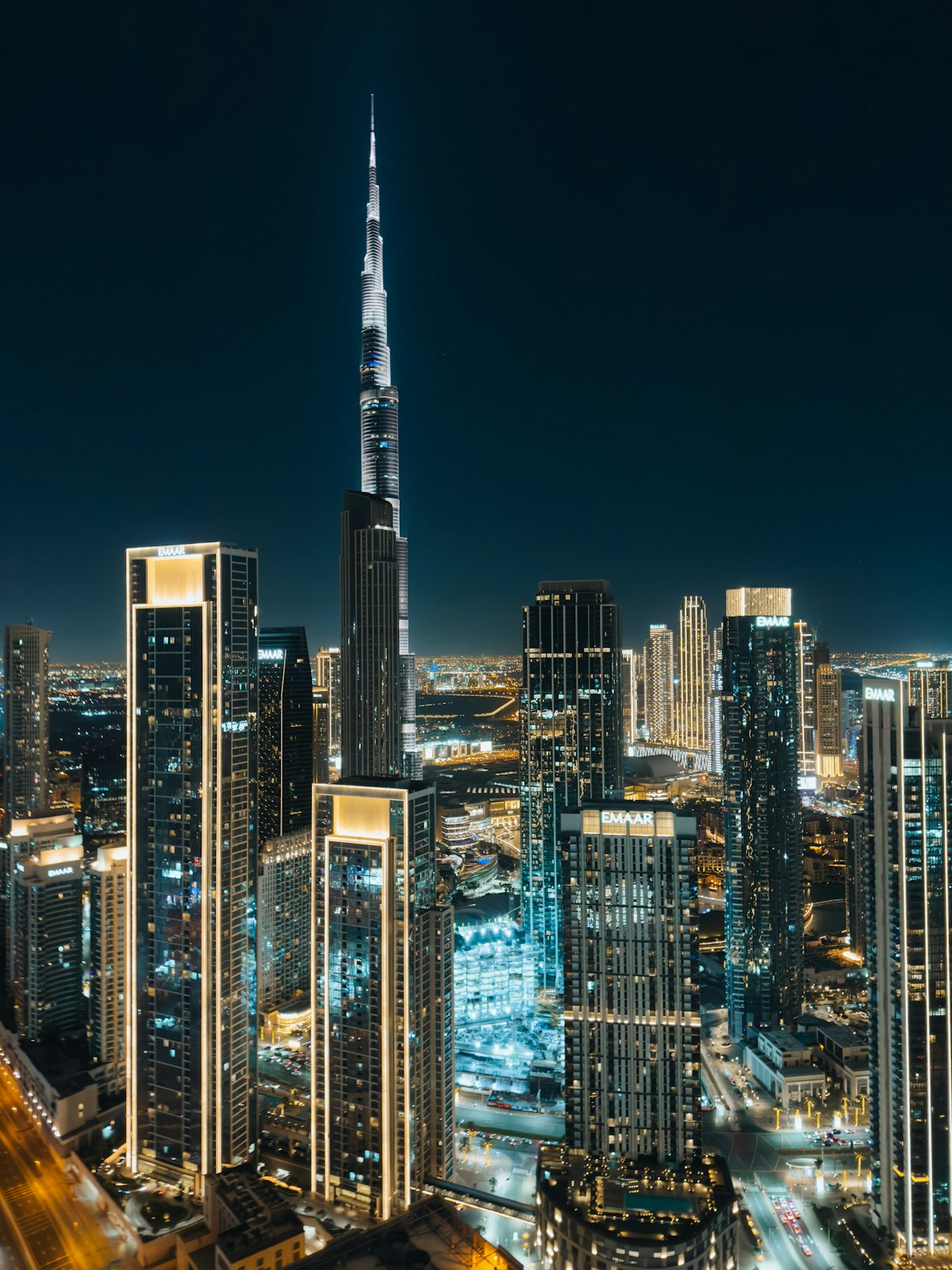 Burj Khalifa and Downtown Dubai illuminated at night