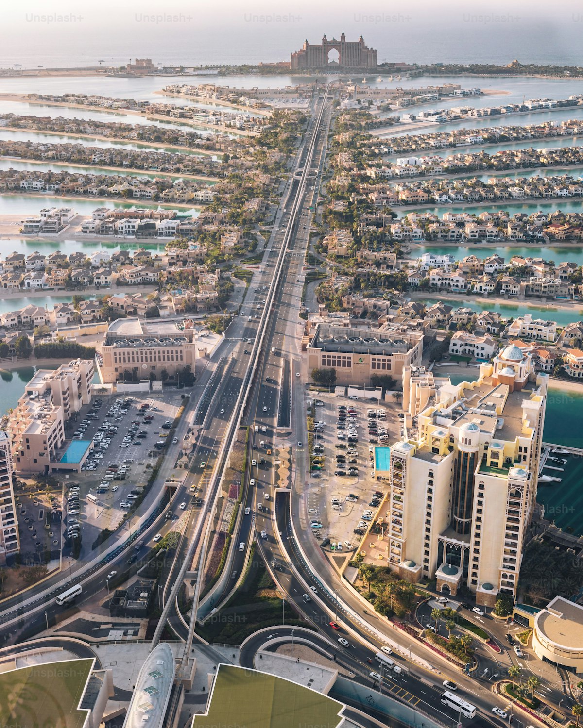 Aerial view of Palm Jumeirah with Atlantis hotel at the tip